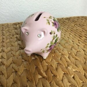 PIER 1 Vintage Floral Pink Pig Ceramic Piggy Bank Home Decor Nursery Decor